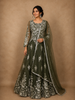 Deep Forest Olive Green Floral Thread Embroidered Design Net Gown with Dupatta