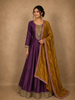 Deep Plum Purple Sequins Zari Embroidered Design Semi Silk Anarkali Gown with Contrast Dupatta