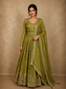 Olive Green Floral Beads Embroidered Design Organza Gown with Dupatta