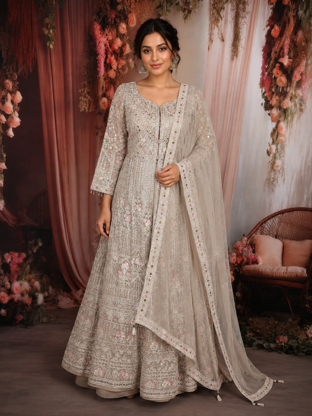Soft Ivory Pearl White Floral Thread Embroidered Design Net Bridesmaid Gown with Dupatta