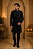 Black Sequins Embellished Design Polynosic Men's Sherwani Set