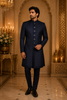 Navy Blue Geometric Design Polyester Sherwani Set