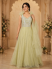 Light Green Floral Sequin Embroidered Net Gown with Ruffle Shoulder Design and Dupatta