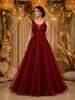 Ruby Red Beaded Net Gown with Deep Neck