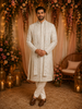 Soft Ivory Floral Thread Embroidered and Stone Embellished Design Silk Sherwani Suit with Duatta