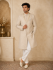 Beige Raw Silk Printed Sherwani Suit with Beaded Mala and Brooch