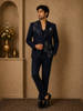 Dark Blue Coat Suit Set with Floral Embroidery and Brooch