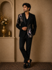 Black Coat Suit Set with Floral and Bird Embroidery