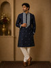 Navy Blue Floral Thread Embroidery Cotton Kurta Set With Pant
