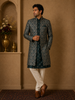 Teal Green Floral Embroidered Jacquard Sherwani Suit