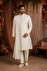 Soft Ivory Geometric Woven Design Jacquard Sherwani Suit with Dupatta