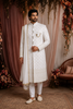 Ivory Geometric Embroidered Design Jacquard Sherwani Suit with Dupatta