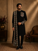 Classic Black Floral Thread and Beads Embroidered Design Polynosic Men's Sherwani Suit