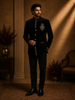 Classic Jet Black Antique Gold and Deep Teal Accents Design Velvet Men's Suit