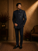 Classic Jet Black Elephant and Floral Beads Embroidered Design Polynosic Men's Suit