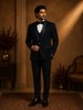 Teal Blue Intricate Black Beads Embroidered Design Polynosic Men's Suit
