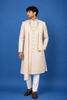 Ivory Floral Embroidered Jacquard Sherwani Suit with Dupatta & Brooch Detailing