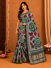 Light Grey Floral Printed Chanderi Cotton Saree with Green Zari Border