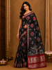 Black Kalamkari Forest Theme Printed Chanderi Cotton Saree with Red Zari Border