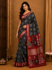 Black Ikat Printed Chanderi Cotton Saree with Zari Elephant and Peacock Border