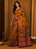 Mustard Yellow Floral Printed Chanderi Cotton Saree with Contrast Zari Border
