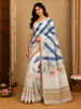 White and Blue Checked Printed Design Linen Cotton Saree with Floral Border