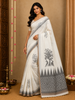 White Ikat Printed Design Linen Cotton Saree with Contrast Woven Border