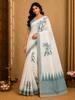 White Ikat Printed Design Linen Cotton Saree with Contrast Blue Border