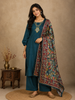 Teal Blue Floral Embroidered Design Cotton Straight Cut Salwar Suit