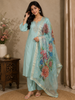 Sky Blue Floral Beads Design Cotton Straight Cut Salwar Suit
