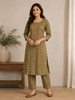Olive Green Cotton Straight Cut Salwar Suit for Women Adorned with Floral Prints, paired with Dupatta