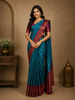 Teal Blue Floral and Paisley Design Woven Soft Silk Saree