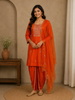 Orange Floral Designed Raw Silk Dhoti Salwar Suit