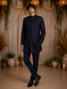 Navy Blue Sequins Design Polynosic Sherwani Suit with Asymmetric Overlap Button Closure