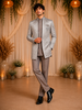 Grey Arrow Design Jacquard Men's Suit with Embroidered Collar and Pocket Detailing