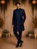 Navy Blue Sequins Design Asymmetrical Velvet Sherwani Suit