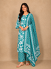 Aqua Blue Floral Printed Design Cotton Straight Cut Salwar Suit with Dupatta
