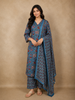 Teal Blue Floral Printed Design Cotton Straight Cut Salwar Suit with Dupatta