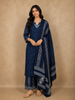 Navy Blue Floral Printed Design Cotton Straight Cut Salwar Suit with Dupatta