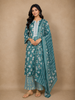 Teal Green Floral Printed Cotton Straight Cut Salwar Suit with Dupatta