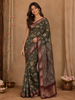 Dark Green Floral Printed Design Chanderi Cotton Saree with Contrast Zari Border