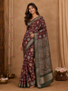 Maroon Floral Printed Design Chanderi Cotton Saree with Contrast Zari Border