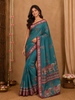 Teal Blue Elephant Printed Design Chanderi Cotton Saree with Contrast Zari Border
