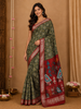 Olive Green Ikat Printed Design Chanderi Cotton Saree with Contrast Zari Woven Border