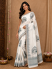 White Elephant Printed Linen Cotton Saree with Contrast Green Border