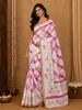 White Pink Stripes Printed Linen Cotton Saree with Floral  Border