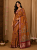 Mustard Yellow Woodland Printed Chanderi Cotton Saree with Maroon Zari Border