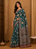 Teal Green Kalamkari Floral and Peacock Printed Chanderi Cotton Saree with Maroon Zari Border