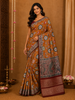 Mustard Yellow Kalamkari Floral and Peacock Printed Chanderi Cotton Saree with Maroon Zari Border