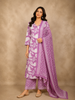 Purple Leaf Printed Design Cotton Straight Cut Salwar Suit with Dupatta